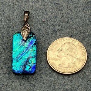 Glass Pendant Silver Leaf Rectangular Turquoise Blue Wavy Iridescent Artisan